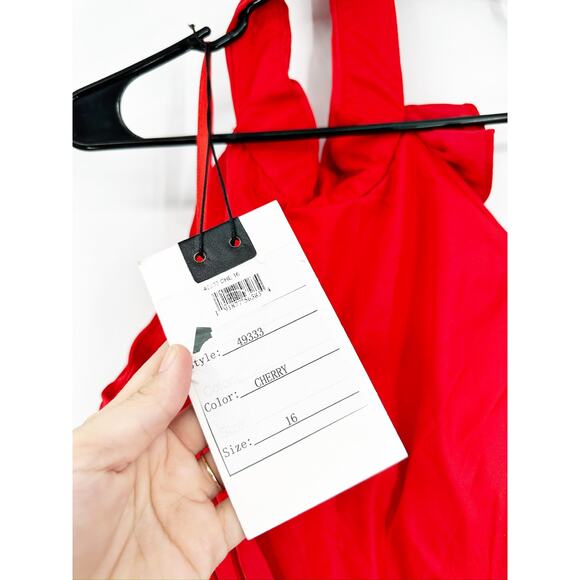 Mac Duggal 49333 Cherry Red Soft Tie Halter Neck High Slit Gown Size 16 NWT - Picture 5 of 7